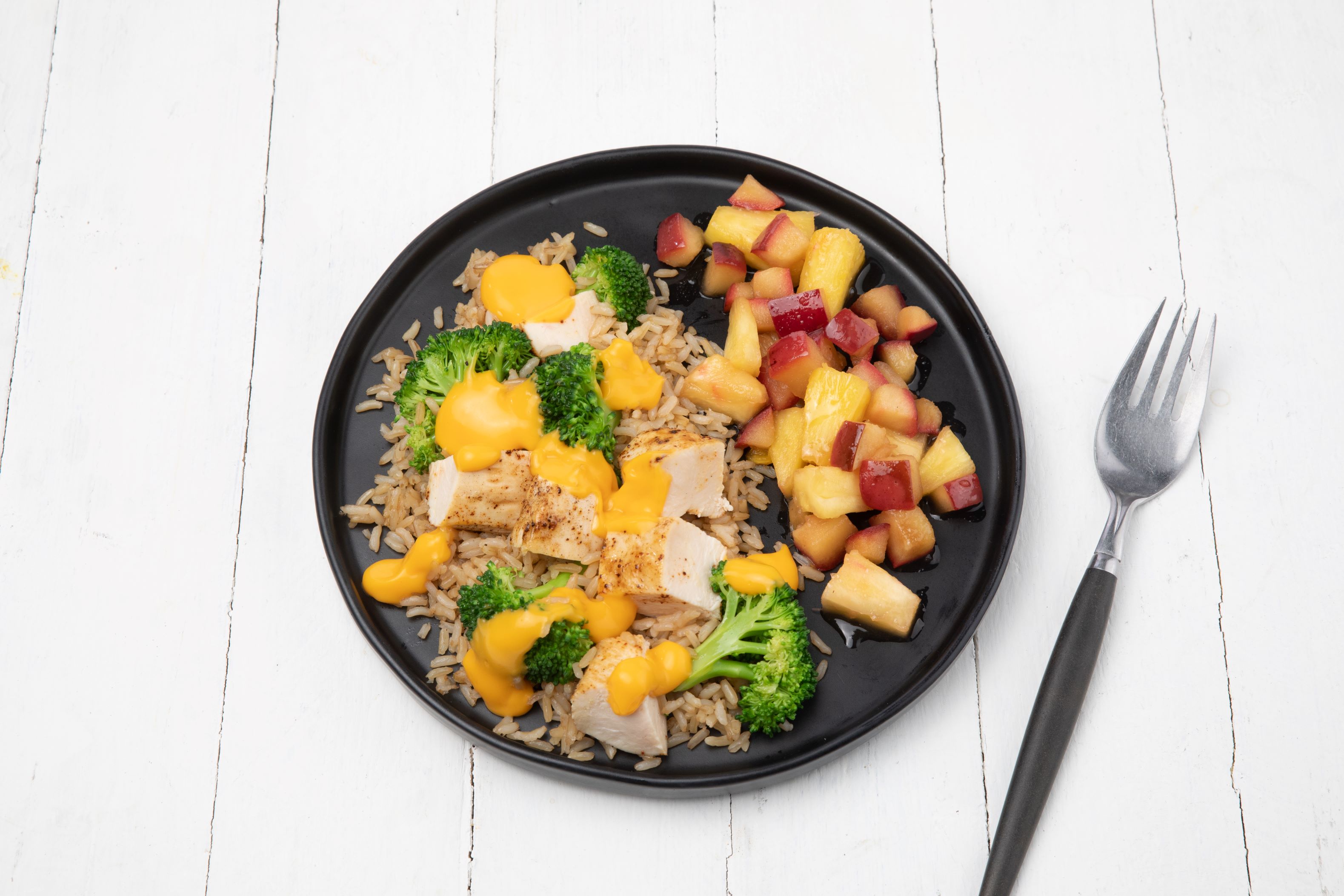 Cheesy Chicken, Rice, & Broccoli, and Fruit